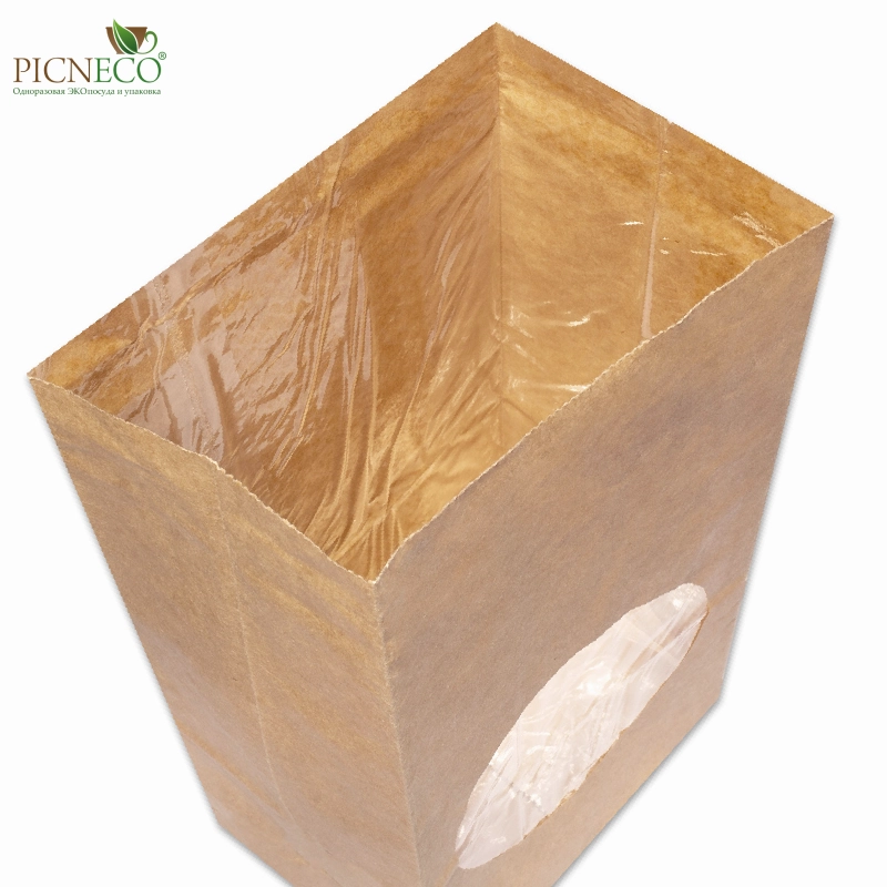 товар Крафт пакет с окном 70 мм, ламинированный, прямоугольное дно, 100*60*200 мм KPRL010